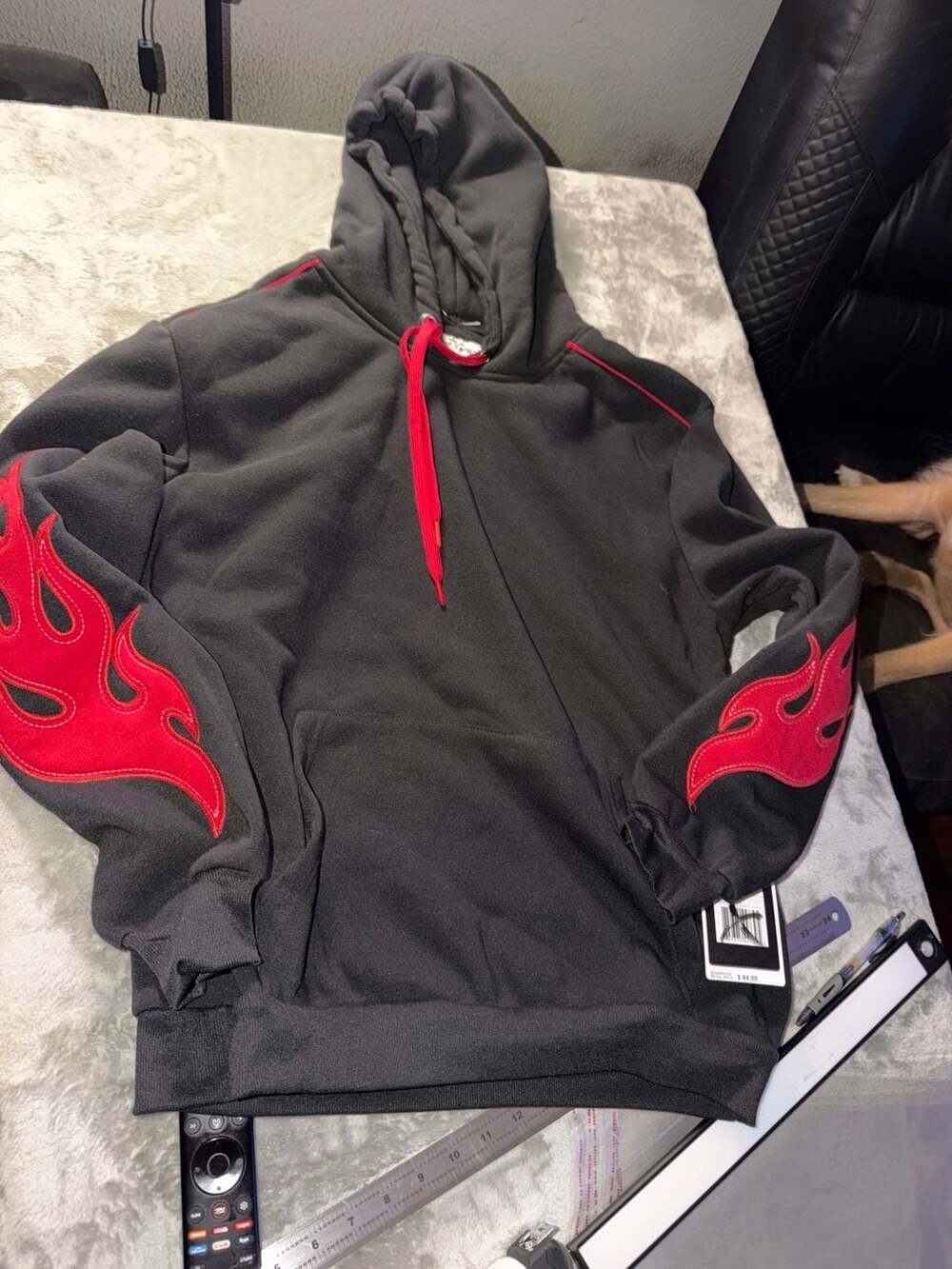 Blue Gear Black Hoodie with Red Flame Sleeve Patches Size M